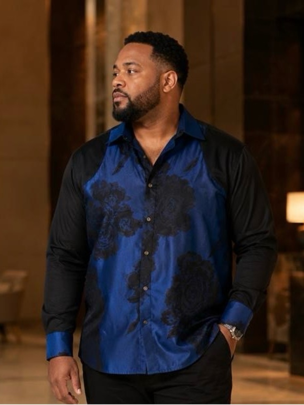 Men's Blue Floral Contrast-Panel Dress Shirt